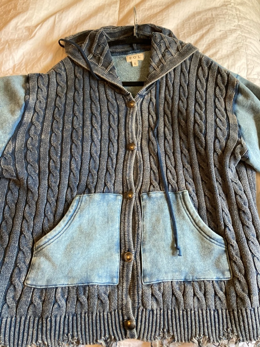 POL distressed blue Cable Knit Hooded Cardigan with Light Blue Pockets. Oversi